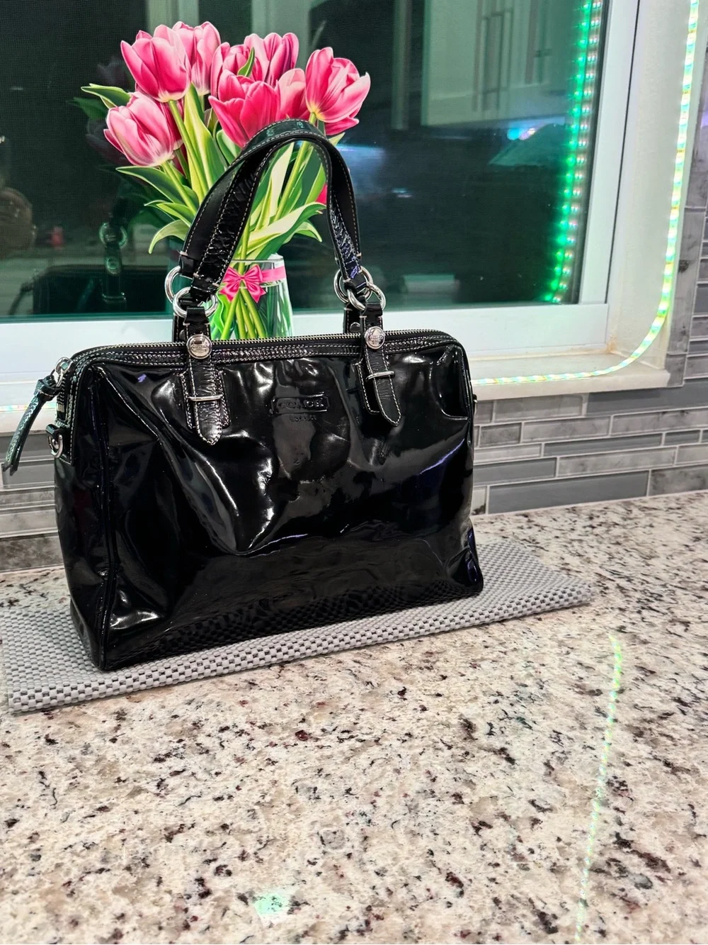 Coach Nancy Black Patent Leather Tote with Gloss Finish